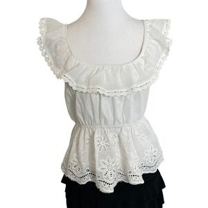 White Eyelet Peplum Top‎ Ruffle Trim Sleeveless Blouse